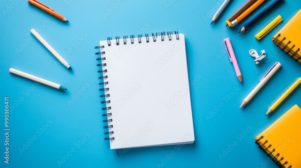A blank notepad sits on a blue background, surrounded by school supplies like pencils and pens. It's a simple scene, perfect for showing off your back-to-school products or ideas. A blank notepad sits on a blue background, surrounded by school supplies like pencils and pens. It's a simple scene, perfect for showing off your back-to-school products or ideas.