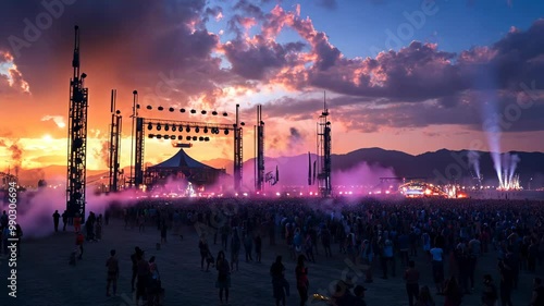 A large crowd gathers at a music festival as the sun sets over the mountains