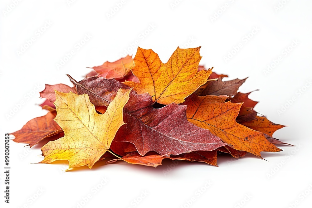 Isolated autumn-colored leaf pile on a white backdrop. Generative Ai Isolated autumn-colored leaf pile on a white backdrop. Generative Ai