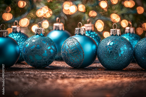 A festive arrangement of blue Christmas ornaments on a wooden surface, with a soft bokeh background of warm lights.