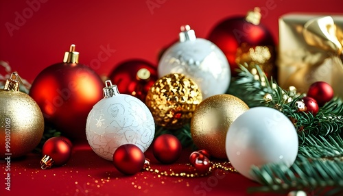 Radiant Christmas Baubles and Gifts on Vibrant Red Background for Festive Celebrations and Holiday Decor