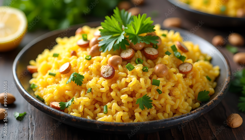 Fluffy Poha Garnished with Peanuts and Fresh Coriander Fluffy Poha Garnished with Peanuts and Fresh Coriander