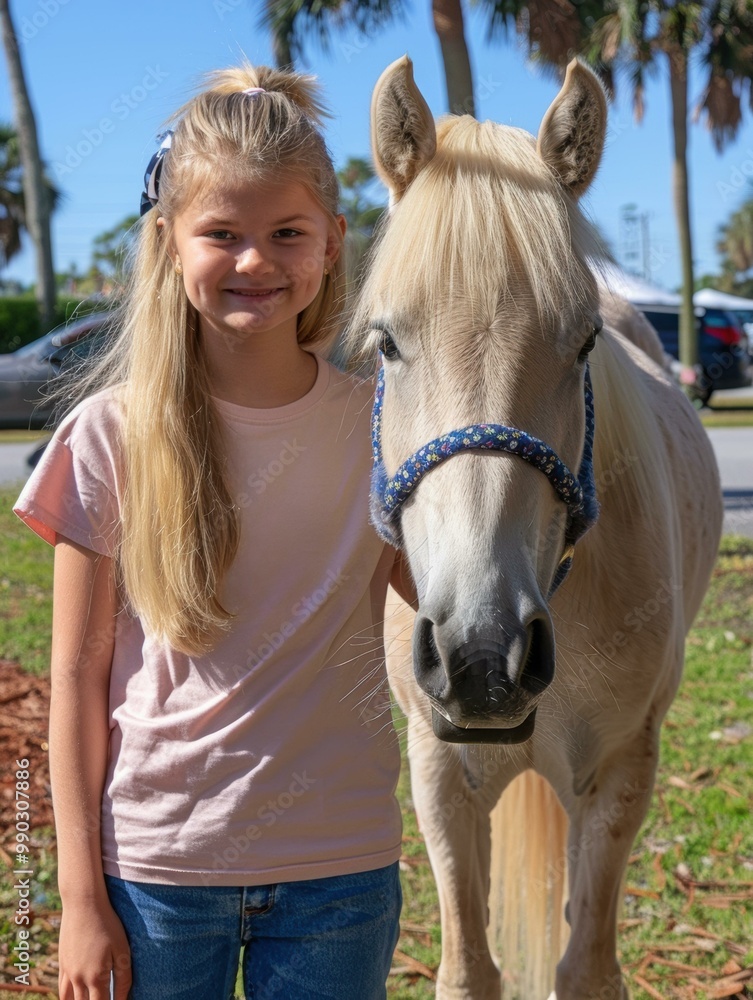 Fototapeta premium A young girl smiles next to a horse. AI.
