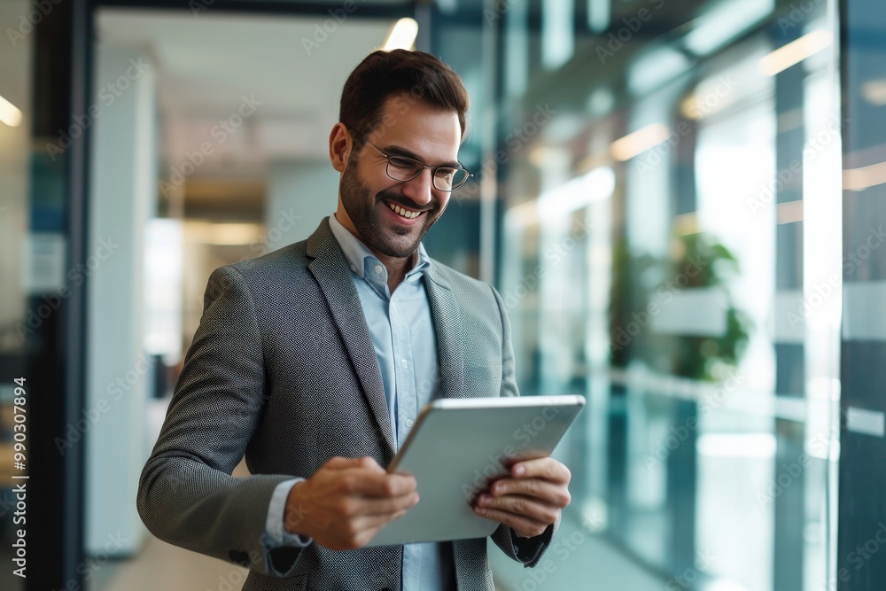 happy male businessman in glasses holding a tablet in the office, business, and education concepts for websites, blogs, advertising, or presentations. Generative AI happy male businessman in glasses holding a tablet in the office, business, and education concepts for websites, blogs, advertising, or presentations. Generative AI