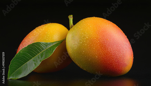 Two fresh mangoes on a black background. Created with Ai