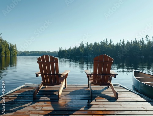 Two chairs on a dock overlooking a calm lake. AI.