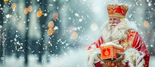 Ded moroz dressed in a red suit with gold trim, is holding a gift box covered with snow, with a snowy forest in the background with copy space. Santa claus congratulates with New Year photo