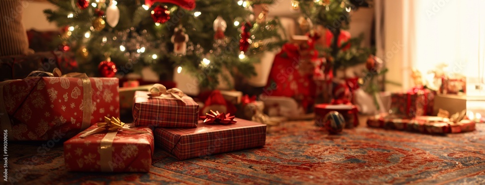 Cozy christmas scene with presents under a decorated tree, creating a warm and festive atmosphere perfect for celebrating with loved ones. Happy New Year and Merry Christmas gifts Cozy christmas scene with presents under a decorated tree, creating a warm and festive atmosphere perfect for celebrating with loved ones. Happy New Year and Merry Christmas gifts