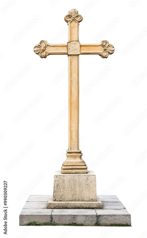 A beautifully crafted wooden cross on a stone base, symbolizing faith and spirituality in a serene setting. A beautifully crafted wooden cross on a stone base, symbolizing faith and spirituality in a serene setting.