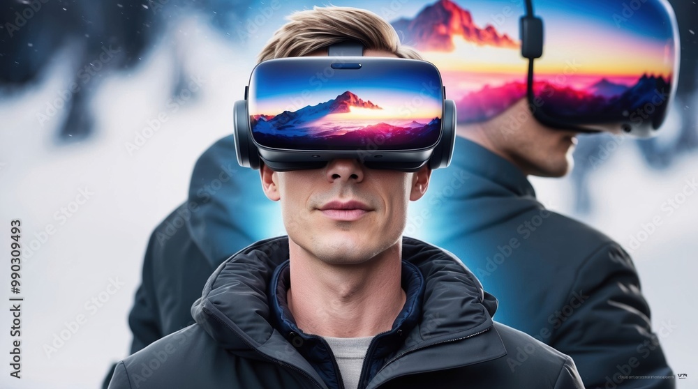 A user dons a VR headset, fully engaged in a vivid digital world showcasing breathtaking mountain vistas. The atmosphere blends technology with imagination, inviting exploration A user dons a VR headset, fully engaged in a vivid digital world showcasing breathtaking mountain vistas. The atmosphere blends technology with imagination, inviting exploration