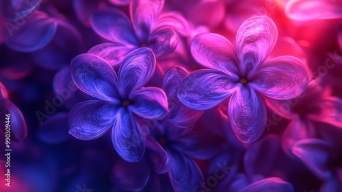 Delicate purple flowers are beautifully blooming, illuminated by soft, colorful light, creating a dreamy atmosphere with a blurred, abstract backdrop