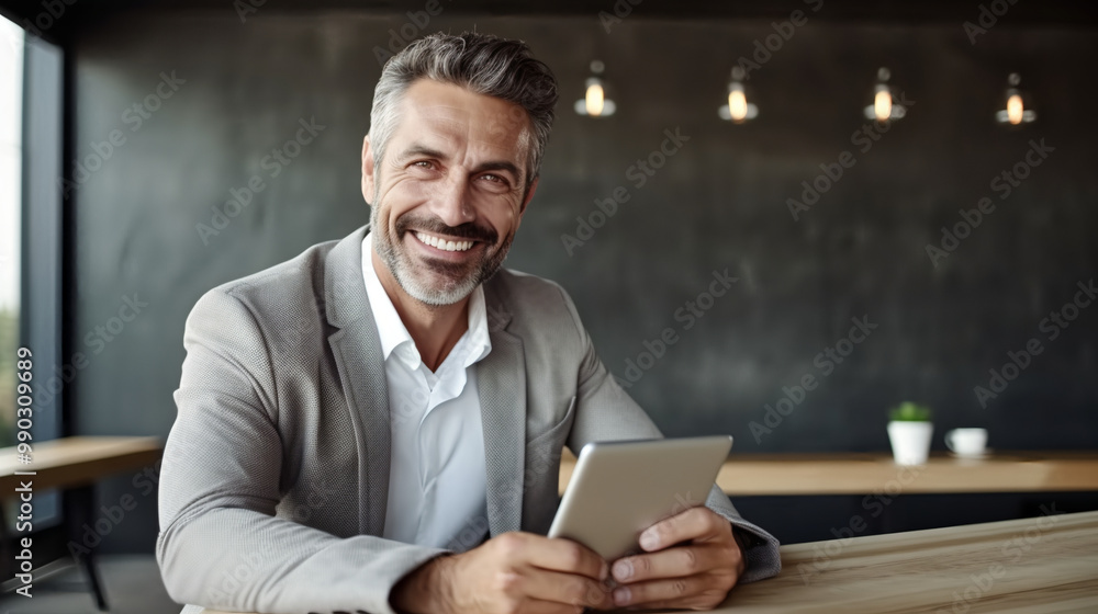 A handsome middle-aged man wearing a light-colored casual is sitting at the conference table, holding an iPad and smiling happily, with gray hair. A handsome middle-aged man wearing a light-colored casual is sitting at the conference table, holding an iPad and smiling happily, with gray hair.