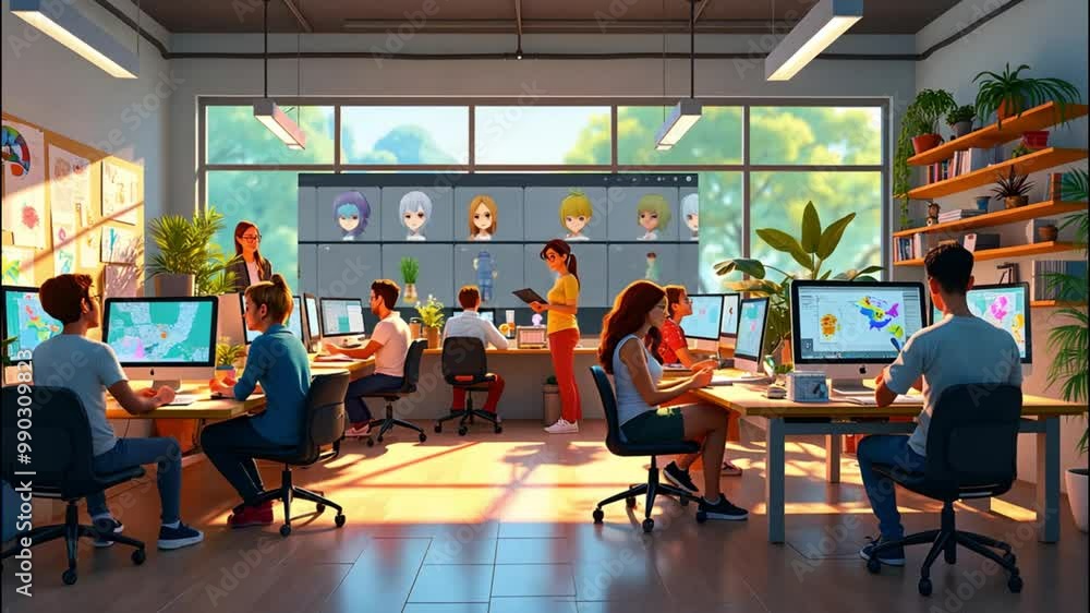 Team of animators working on a project, creative studio, relaxed atmosphere, bright lighting Generated with AI Team of animators working on a project, creative studio, relaxed atmosphere, bright lighting Generated with AI