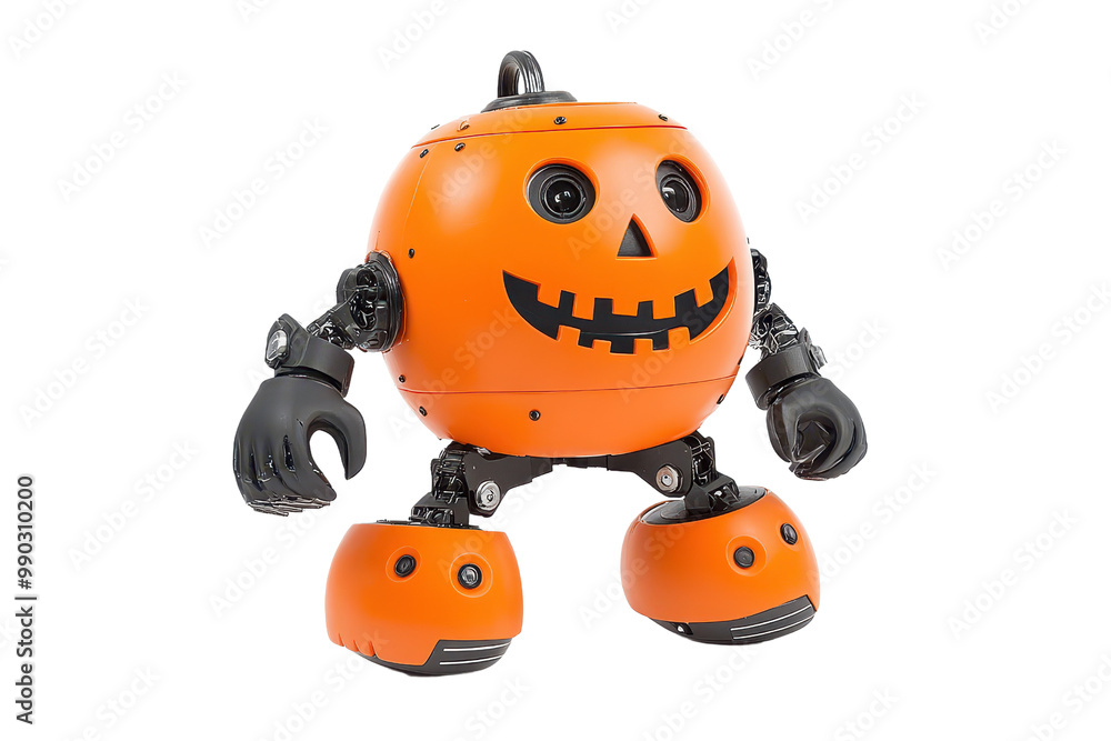 A cheerful orange robot designed for Halloween, featuring a jack-o'-lantern face with a playful smile and friendly eyes. A cheerful orange robot designed for Halloween, featuring a jack-o'-lantern face with a playful smile and friendly eyes.