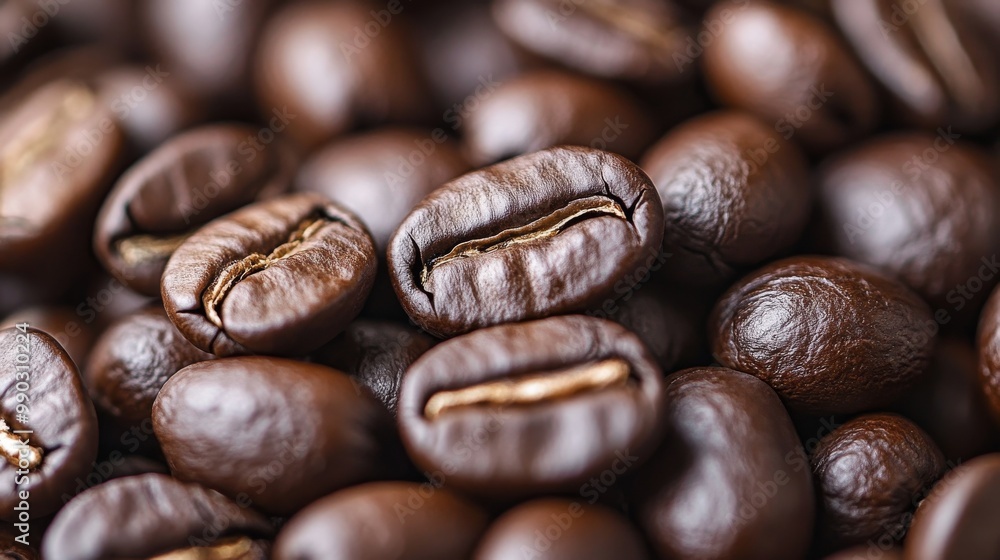 A close-up view of dark, roasted coffee beans piled together. A close-up view of dark, roasted coffee beans piled together.