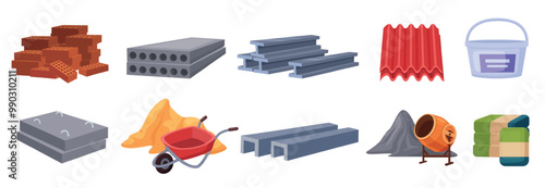 Construction materials heaps. Concrete panels, bricks and stones piles. Metal building details, sand and roof covering for renovation, nowaday vector set