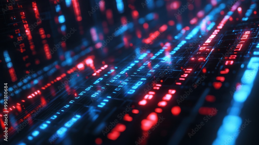 Pixelated digital data stream with binary code encryption concept and glowing red and blue dots. Pixelated digital data stream with binary code encryption concept and glowing red and blue dots.