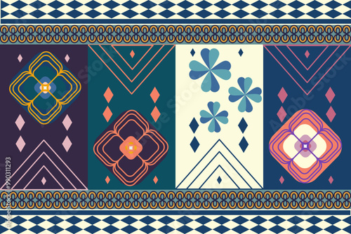 seamless pattern with elements, flowers, geometric ethnic pattern, native american tribal fabric, tile, carpet, vector, illustration design, blue, purple, violet, pink, colorful