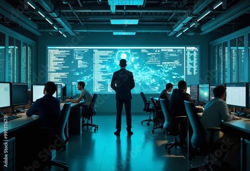 a man standing in front of a computer screen Cybersecurity background