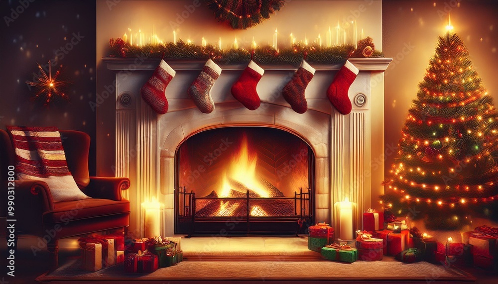A cozy fireplace beautifully adorned with garlands and flickering candles, featuring Christmas stockings hanging in anticipation of holiday gifts, creating a warm and festive atmosphere A cozy fireplace beautifully adorned with garlands and flickering candles, featuring Christmas stockings hanging in anticipation of holiday gifts, creating a warm and festive atmosphere