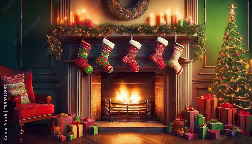 A cozy fireplace beautifully adorned with garlands and flickering candles, featuring Christmas stockings hanging in anticipation of holiday gifts, creating a warm and festive atmosphere A cozy fireplace beautifully adorned with garlands and flickering candles, featuring Christmas stockings hanging in anticipation of holiday gifts, creating a warm and festive atmosphere