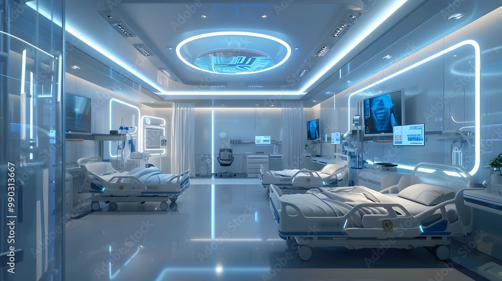 Futuristic Hospital Ward with Personalized Patient Rooms Adjusting to Individual Health Needs Futuristic Hospital Ward with Personalized Patient Rooms Adjusting to Individual Health Needs