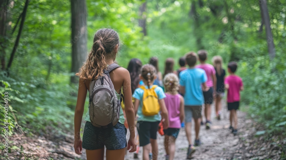 A group of enthusiastic children learns about nature on a guided forest trail walk A group of enthusiastic children learns about nature on a guided forest trail walk