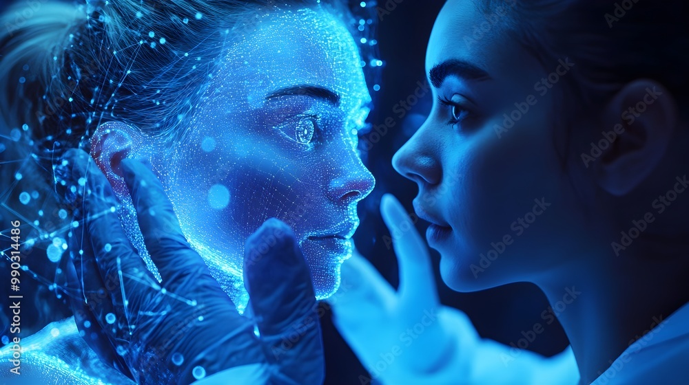 A healthcare worker giving a flu shot to an employee, futuristic setting, holographic medical interface, neon blue lighting, high-tech healthcare, digital elements, clean and modern A healthcare worker giving a flu shot to an employee, futuristic setting, holographic medical interface, neon blue lighting, high-tech healthcare, digital elements, clean and modern