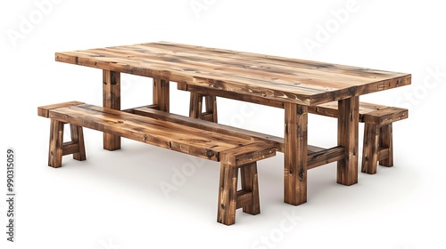 A rustic wooden dining table with a built-in bench, isolated on white