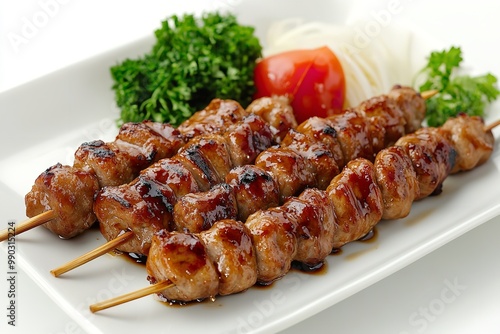 Yakitori isolated on a white dish against a white background. Generative Ai