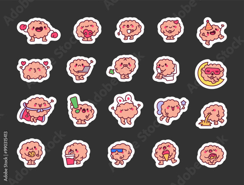 Brain creative character. Sticker Bookmark. Smart kawaii organ. Hand drawn style. Vector drawing. Collection of design elements.