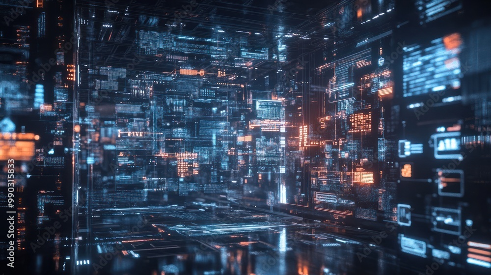 Obraz premium Technology industrial business process workflow organisation structure on virtual screen, IOT smart industry concept mixed media diagram, touch transparent screen. Generative AI technology.