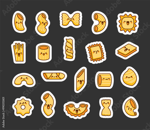 Cute kawaii macaroni. Sticker Bookmark. Adorable cartoon pasta. Hand drawn style. Vector drawing. Collection of design elements.