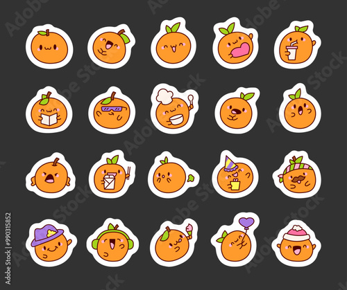 Cute juicy orange. Sticker Bookmark. Kawaii fruit character. Hand drawn style. Vector drawing. Collection of design elements.