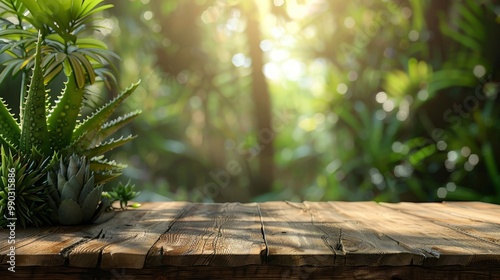 Empty wood table shelf and blurred Aloe Vera nature background. Product display template. Business presentation concept. 