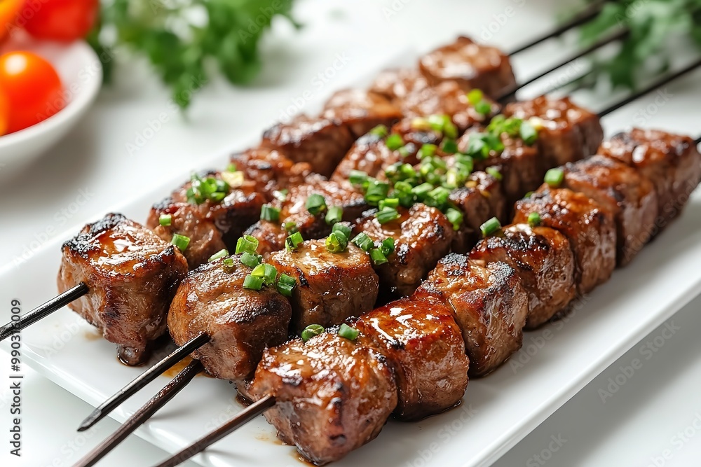 Yakitori isolated on a white dish against a white background. Generative Ai Yakitori isolated on a white dish against a white background. Generative Ai