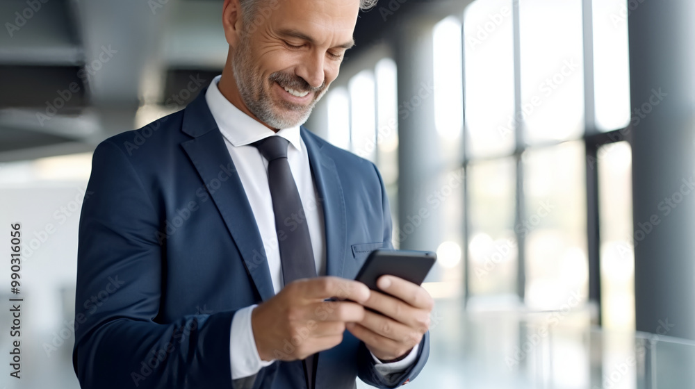 A middle-aged man in business attire, smiling and looking at his phone while standing inside an office building with a blurred background. A middle-aged man in business attire, smiling and looking at his phone while standing inside an office building with a blurred background.