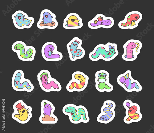Kawaii worm with arms. Sticker Bookmark. Funny cartoon character. Hand drawn style. Vector drawing. Collection of design elements.