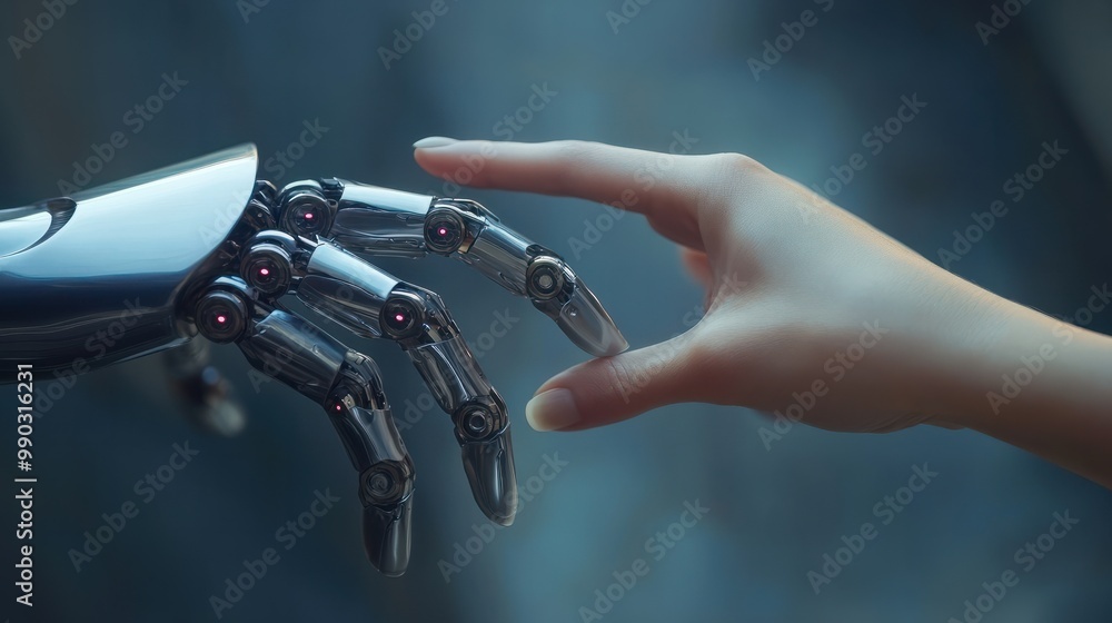 The human finger delicately touches the finger of a robot's metallic finger. Concept of harmonious coexistence of humans and AI technology, The human finger delicately touches the finger of a robot's metallic finger. Concept of harmonious coexistence of humans and AI technology,