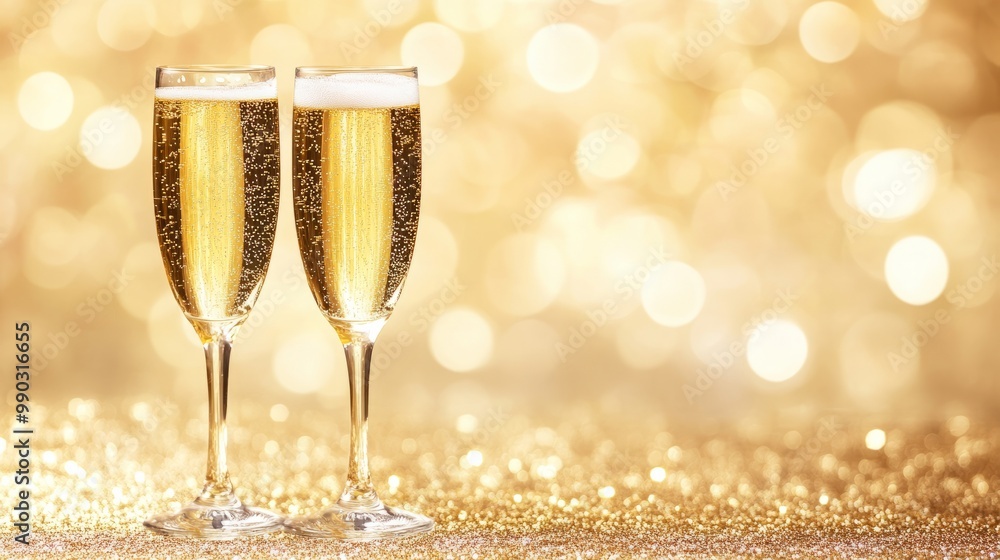Glasses with Champagne on golden bokeh festive background. Christmas and New Year idea Glasses with Champagne on golden bokeh festive background. Christmas and New Year idea