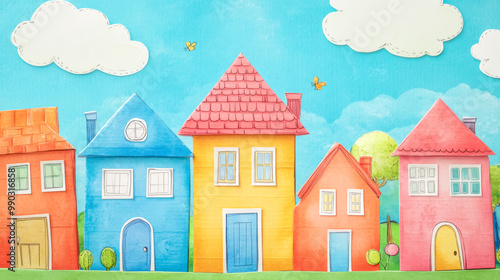 Colorful papercraft houses forming a neighborhood under blue sky