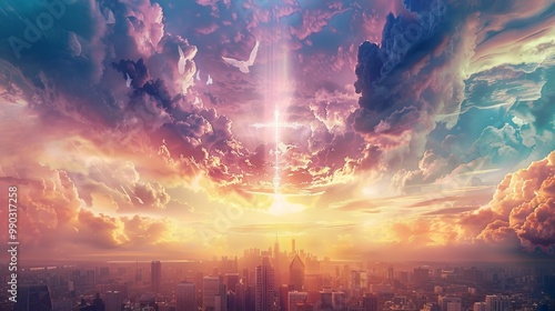 Heavenly vision  angels descending with divine light over a city bathed in god s presence photo