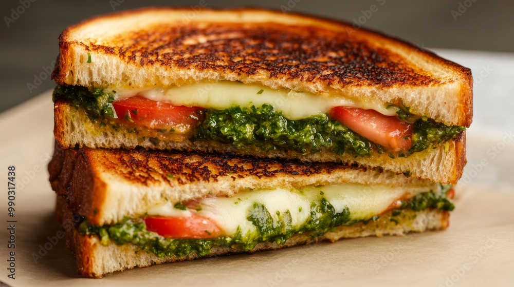 A toasted cheese sandwich filled with veggies and a tangy green sauce. A toasted cheese sandwich filled with veggies and a tangy green sauce.
