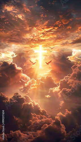 Radiant sky with glowing cross and angels symbolizing jesus  messengers and divine teachings photo