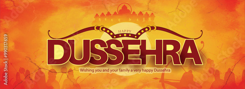 illustration of hand lettring dussehra text with Bow and Arrow with Traditional background