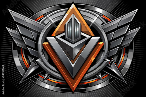 Metallic Emblem with Wings on Futuristic Background
