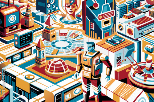 Futuristic Cityscape with Robots and Advanced Technology Illustration