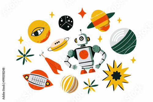 Colorful Space Adventure with Cartoon Robot and Planets Illustration