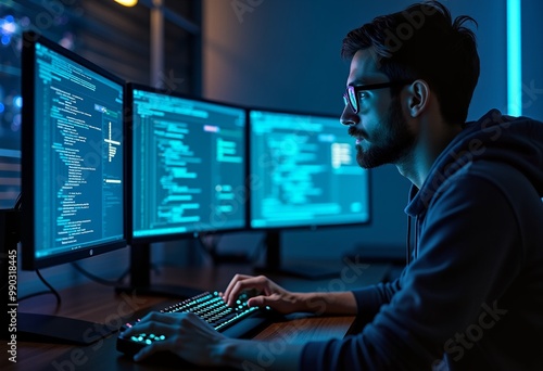 a man in a dark room with three computer screens Cybersecurity background