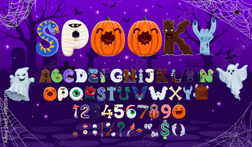 Cartoon Halloween font, scary typeface, holiday type, english fairytale alphabet spooky vector typography. Halloween horror monsters letters and numbers font of ghosts, pumpkins, zombies and vampires